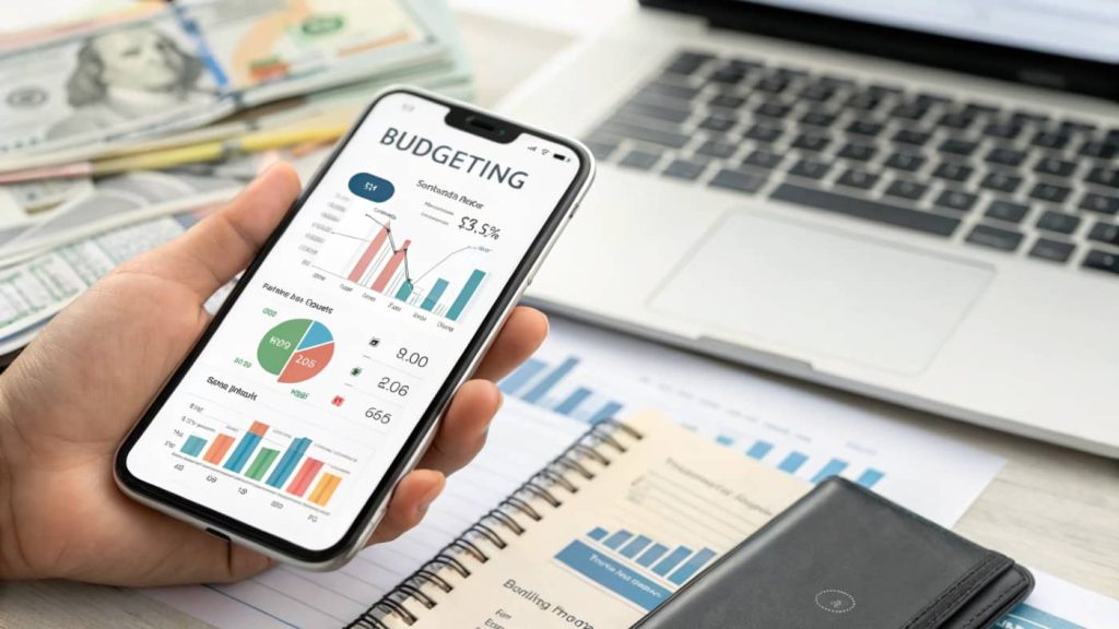 Person using AI-powered budgeting app on a smartphone with financial charts and notifications visible on screen