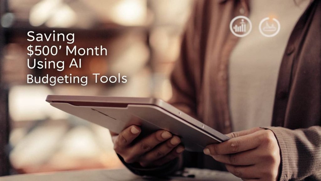 Woman using an AI-powered budgeting app on her smartphone, reviewing expense categories and monthly savings.