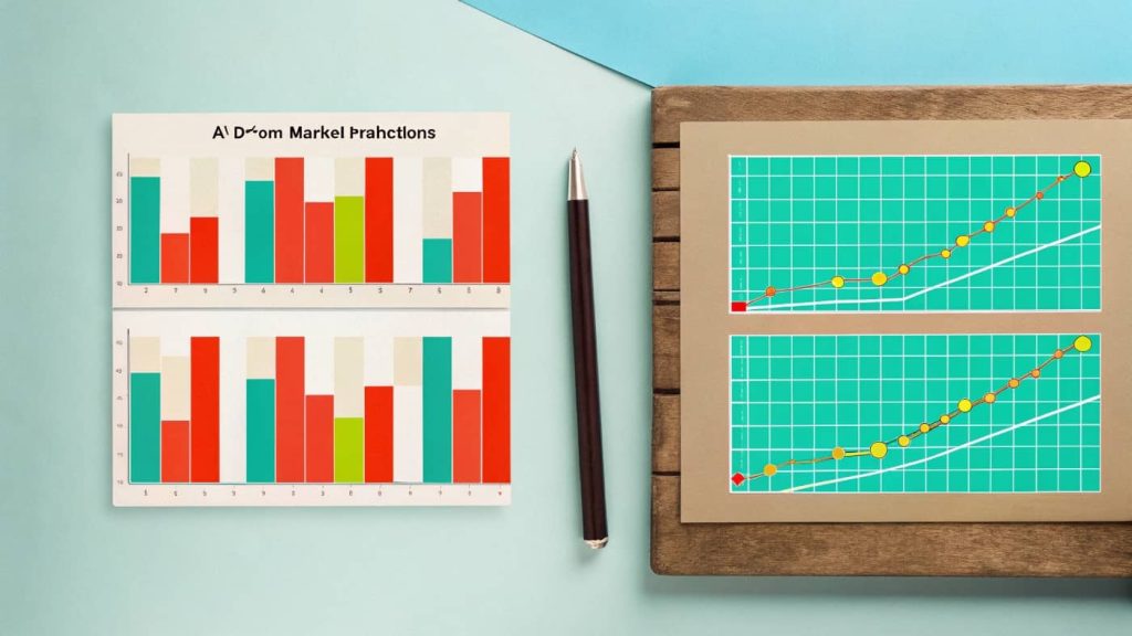 AI algorithm analyzing stock market charts, financial news, and sentiment data in real-time on a futuristic trading dashboard