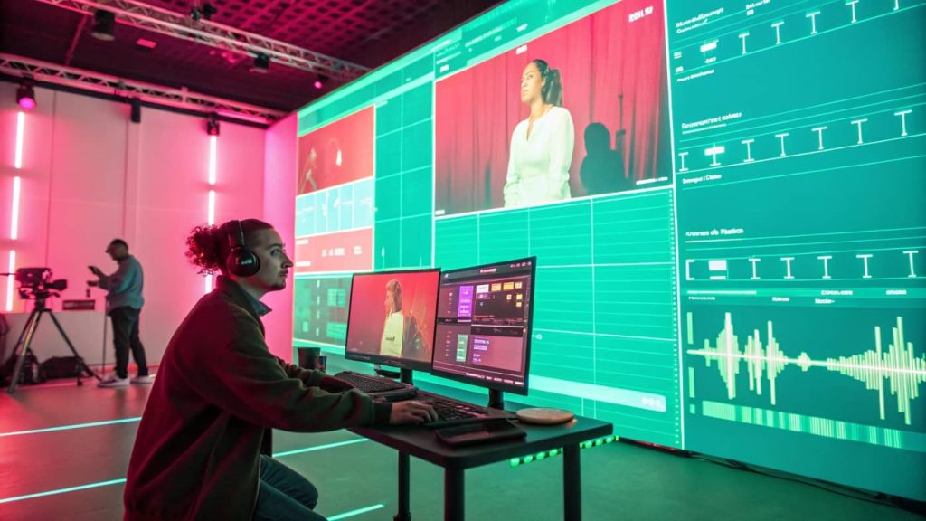 AI-generated visuals representing content creation across image, video, and audio formats.