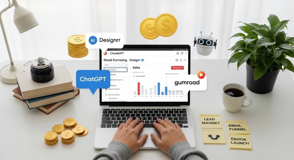 A digital creator using AI tools to write and sell ebooks online, with a laptop showing ebook sales on Gumroad and ebook design on Designrr.