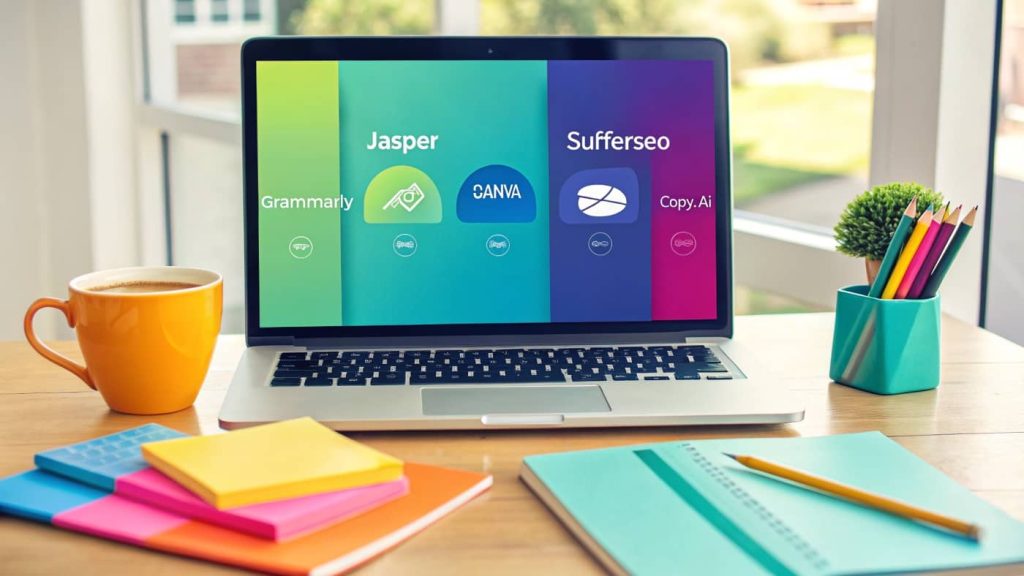 List of top AI affiliate programs for bloggers with logos of Jasper, SurferSEO, Grammarly, Canva, and Copy.ai on a digital screen.